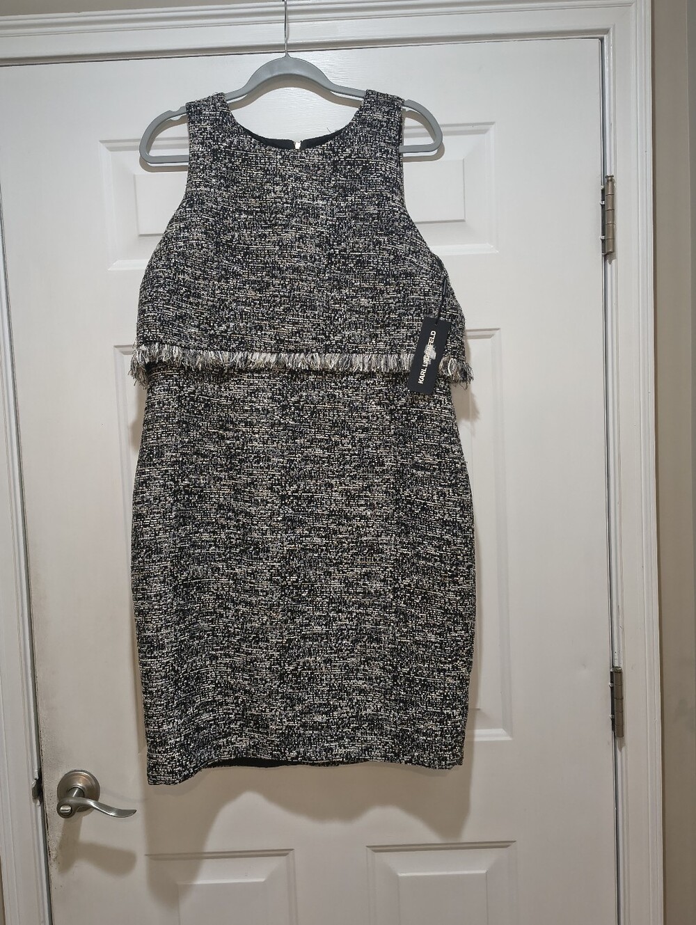nwt karl lagerfeld Textured Tweed Black & White Lined Sheath Dress Fringe 14